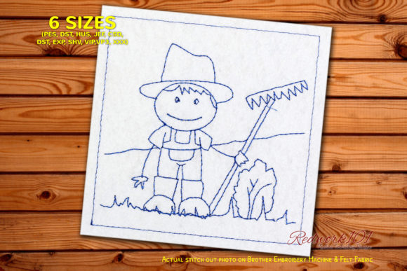 Farmer Boy Holding Rake in Field Redwork